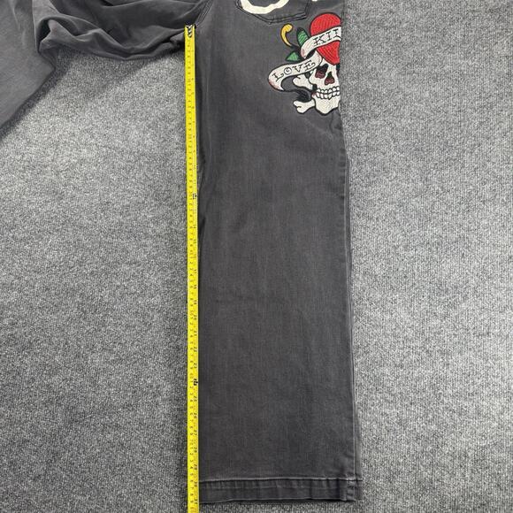 Y2K Ed Hardy Love Kills Slowly Black Wide Leg Baggy Embroidered Jeans Size 30 - Picture 8 of 9